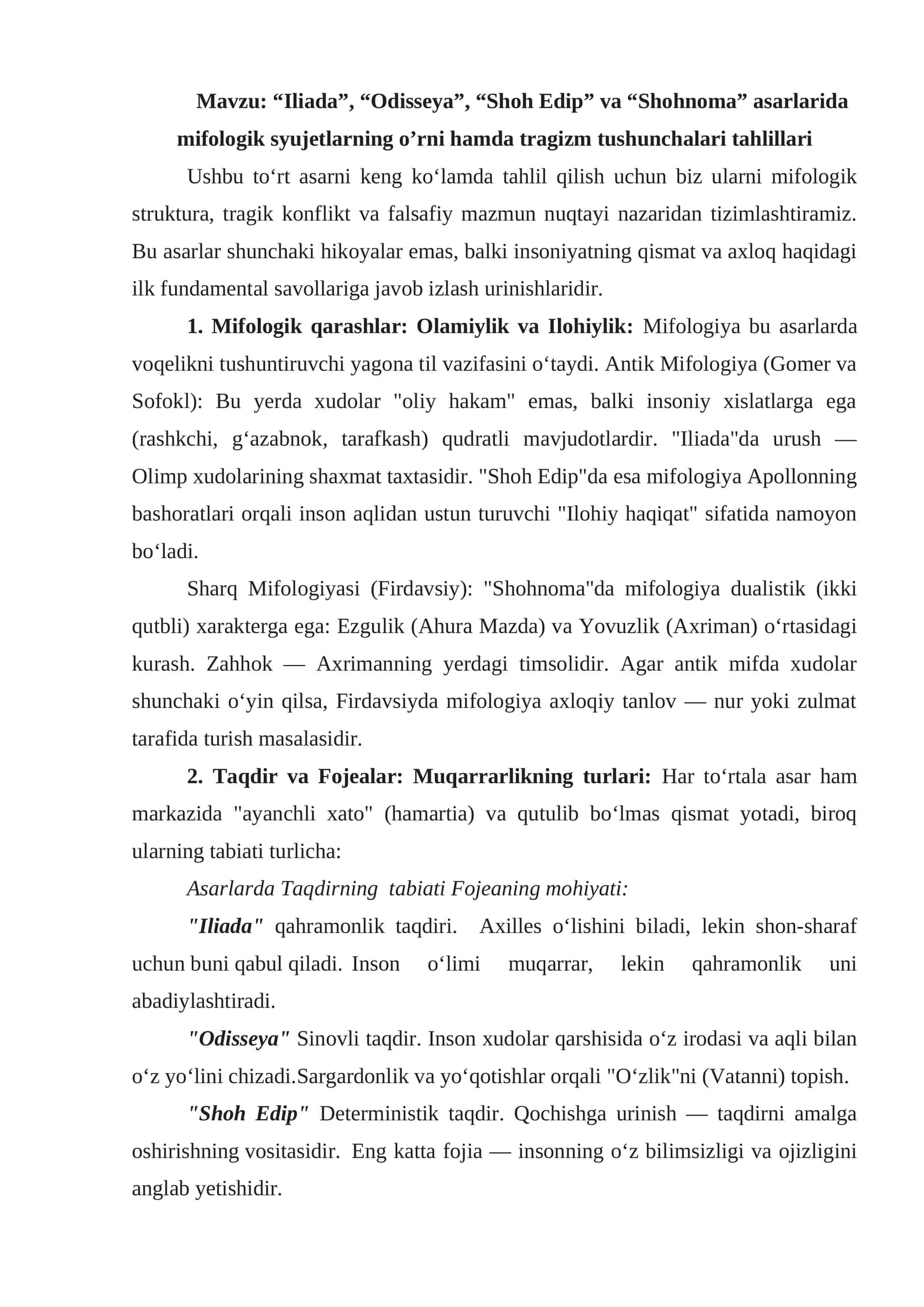 “Iliada”, “Odisseya”, “Shoh Edip” va “Shohnoma” asarlarida mifologik syujetlarning o’rni hamda tragizm tushunchalari tahlillari 1