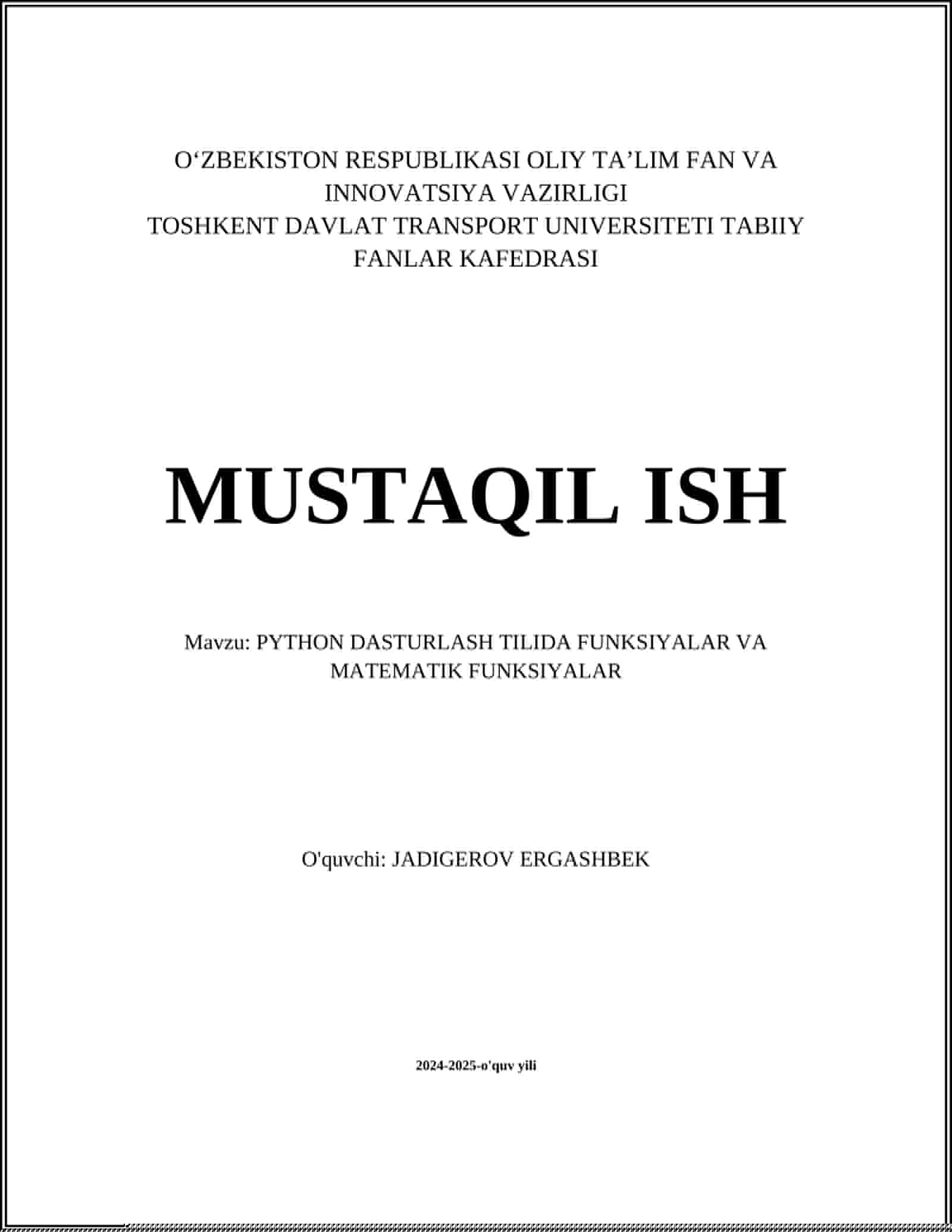 PYTHON DASTURLASH TILIDA FUNKSIYALAR VA MATEMATIK FUNKSIYALAR 1