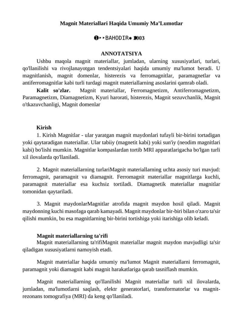 Magnit Materiallari Haqida Umumiy MaʼLumotlar 1