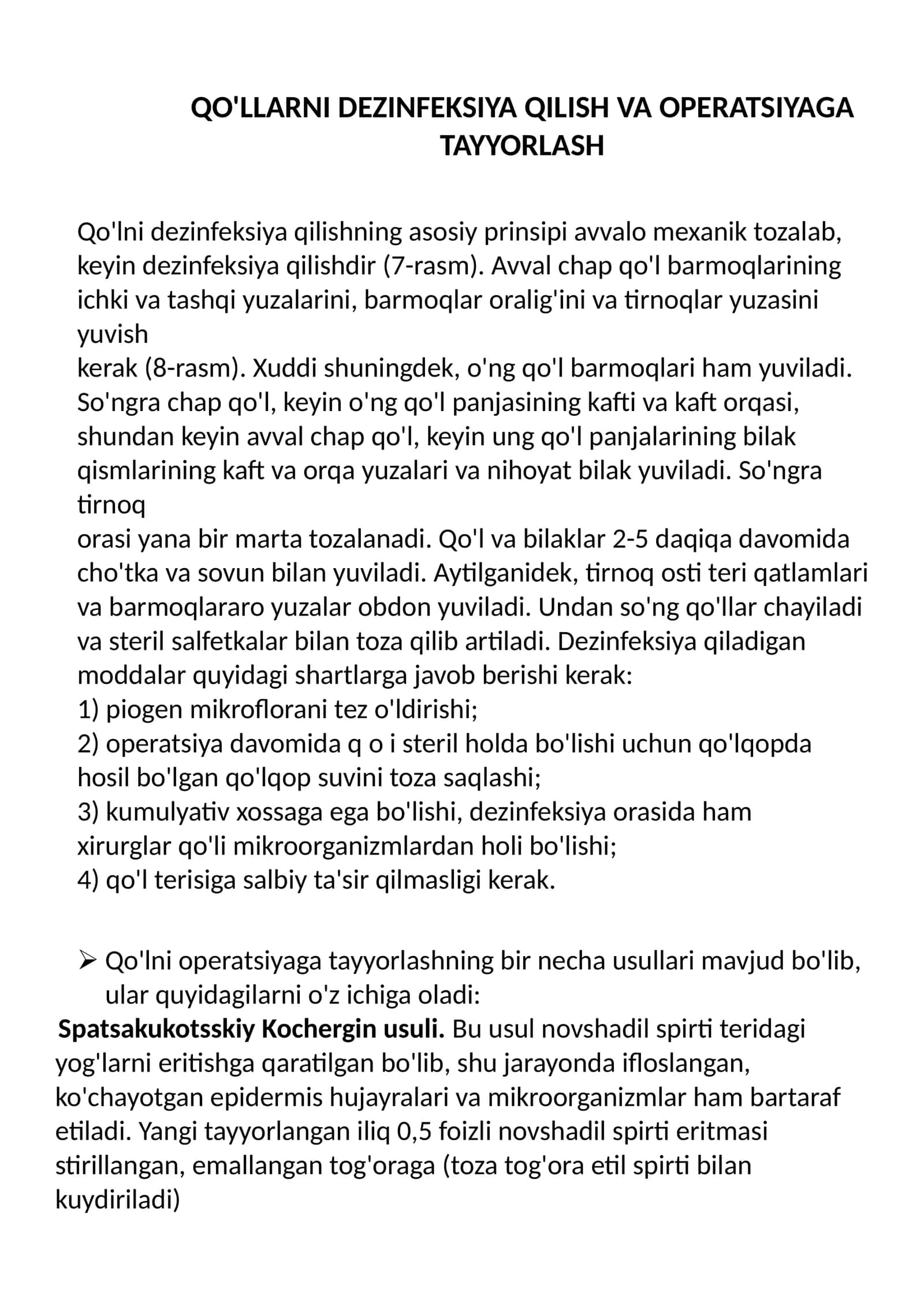 QO'LLARNI DEZINFEKSIYA QILISH VA OPERATSIYAGA TAYYORLASH 1