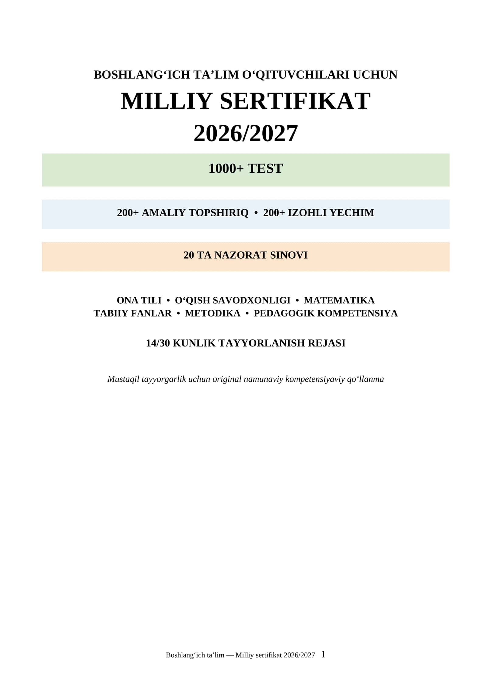 Boshlang‘ich ta’lim Milliy sertifikati 2026/2027 | 1000+ test + 200+ amaliy topshiriq + 20 sinov 1