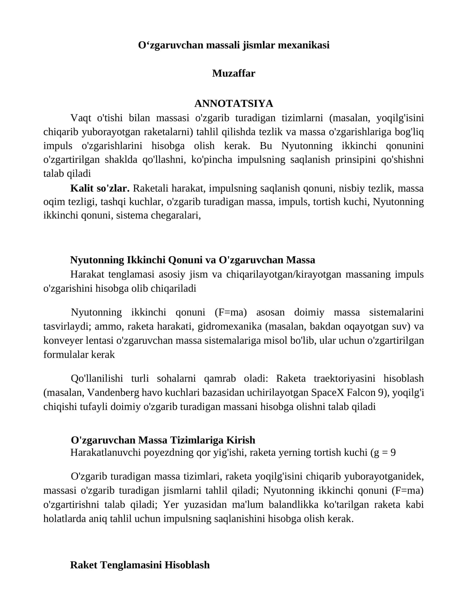 O‘zgaruvchan massali jismlar mexanikasi 1