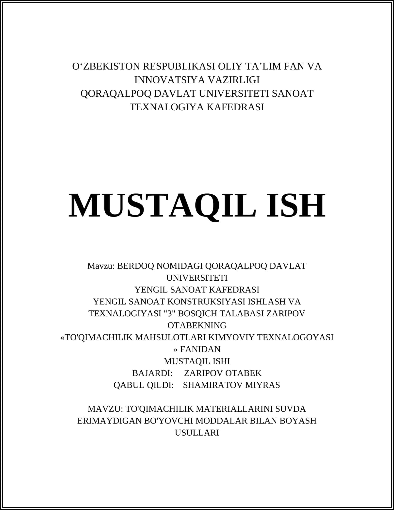 BERDOQ NOMIDAGI QORAQALPOQ DAVLAT UNIVERSITETI YENGIL SANOAT KAFEDRASI 1