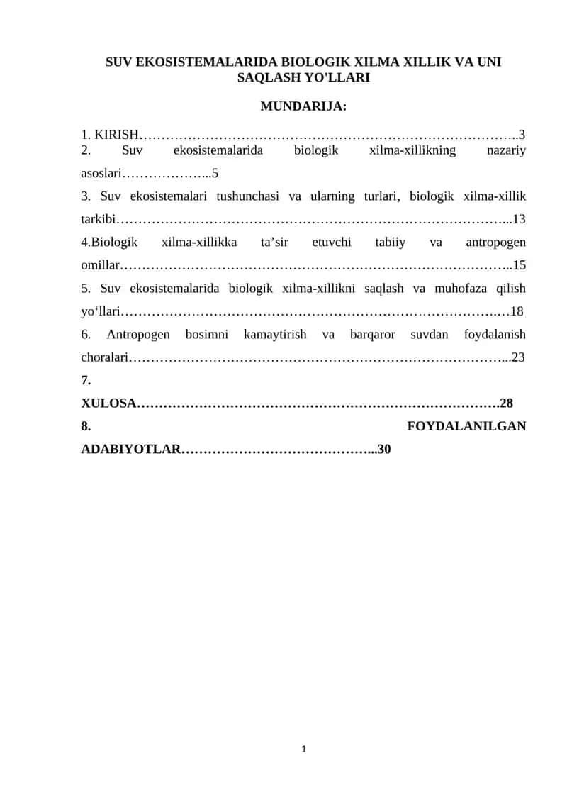 SUV EKOSISTEMALARIDA BIOLOGIK XILMA XILLIK VA UNI SAQLASH YO'LLARI 1