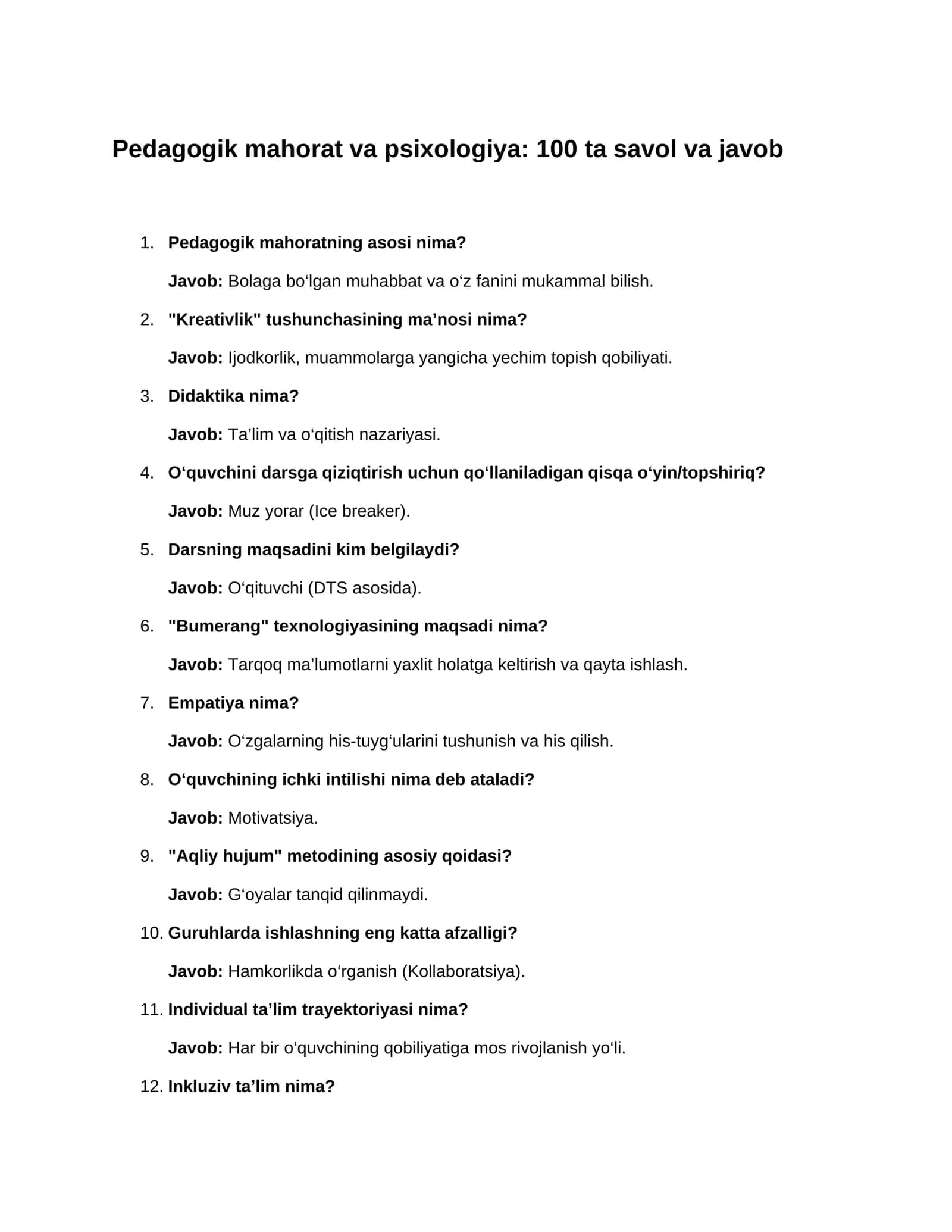 Pedagogik mahorat va psixologiya: 100 ta savol va javob 1
