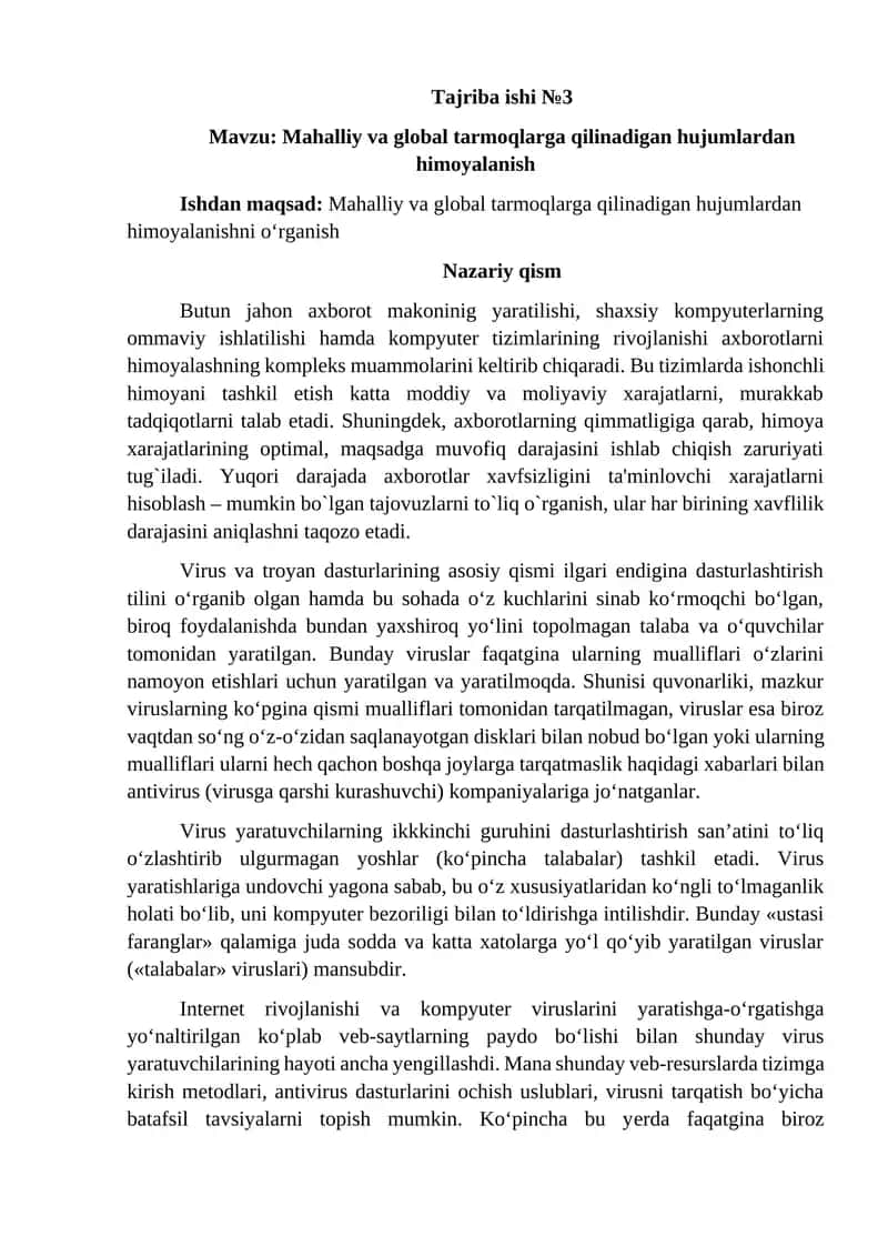 Mahalliy va global tarmoqlarga qilinadigan hujumlardan himoyalanish 1