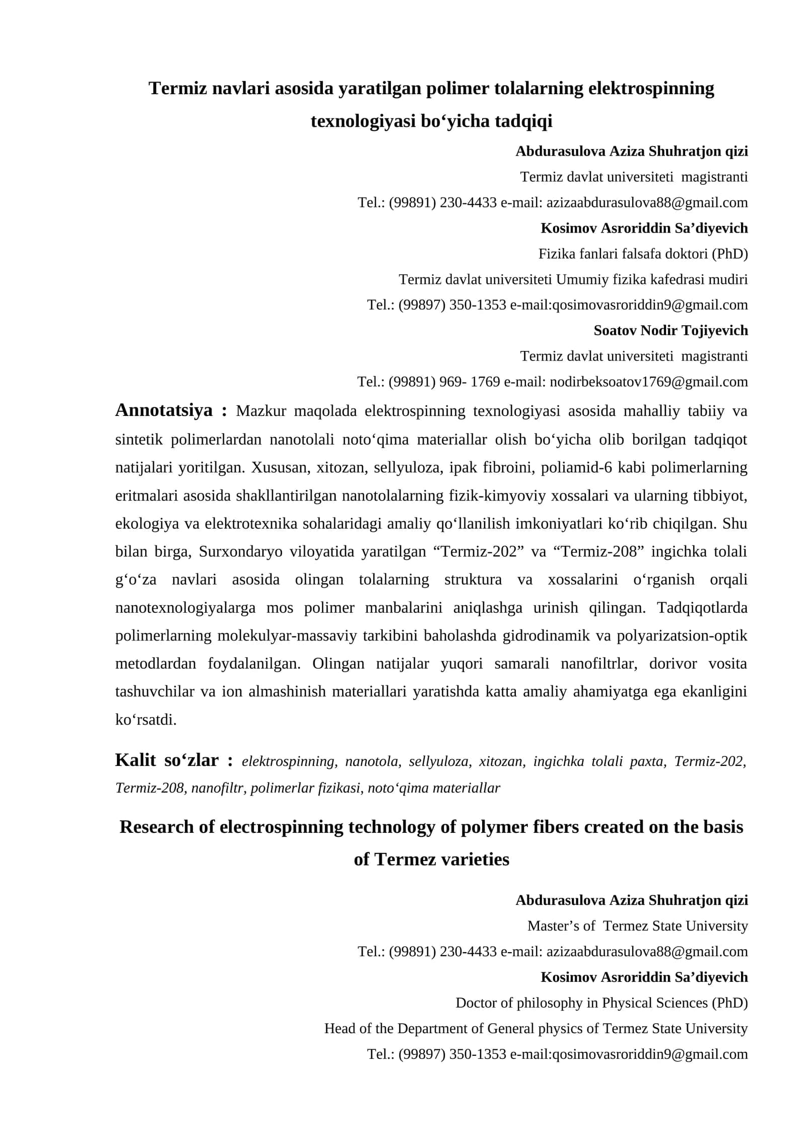 Elektrospinning texnologiyasi mahsuloti 1