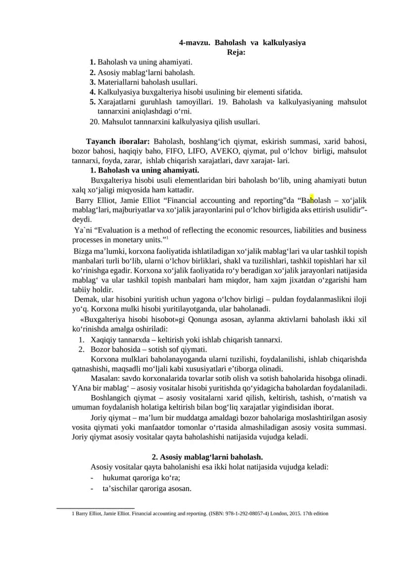 Baholash va Kalkulyasiya 1