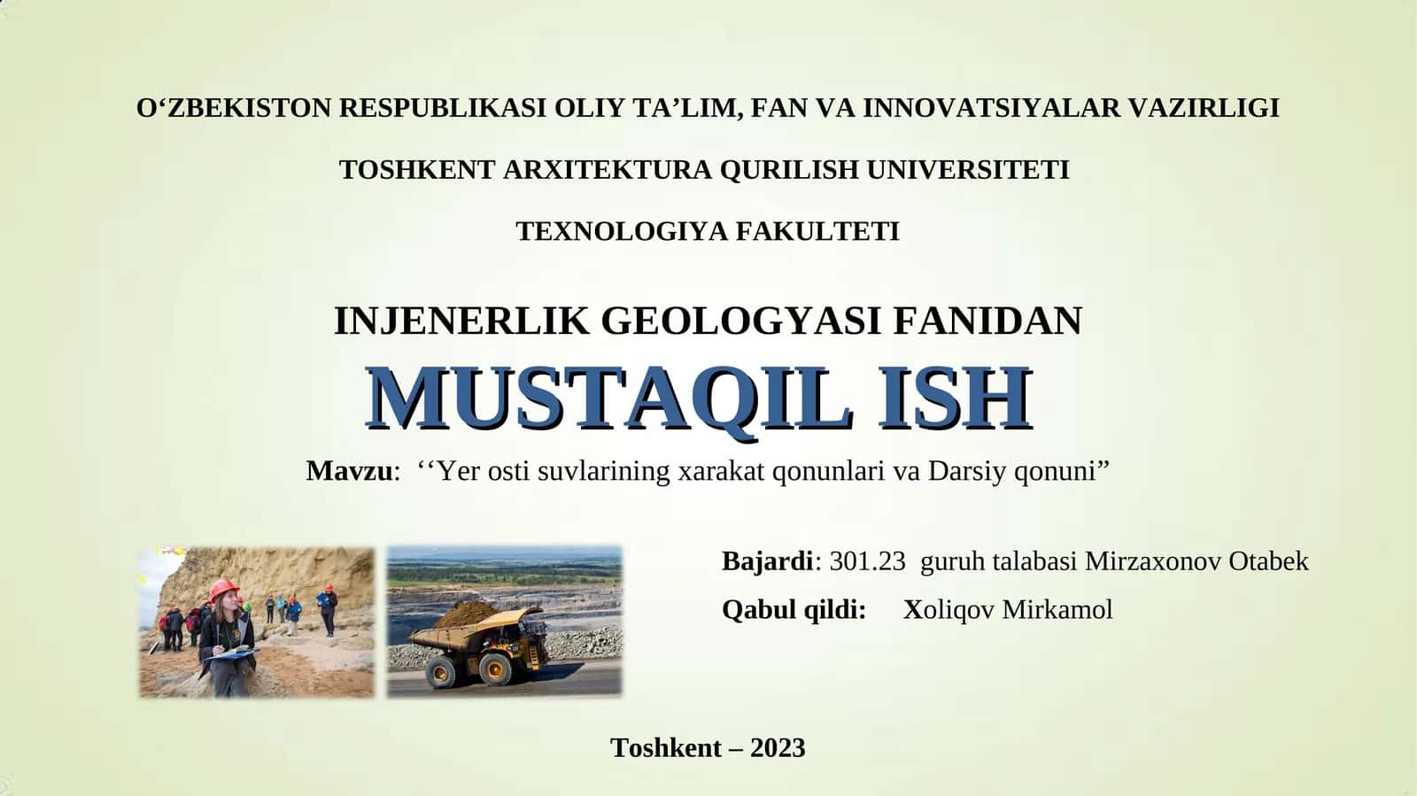 Yer osti suvlarining xarakat qonunlari va Darsiy qonuni 1