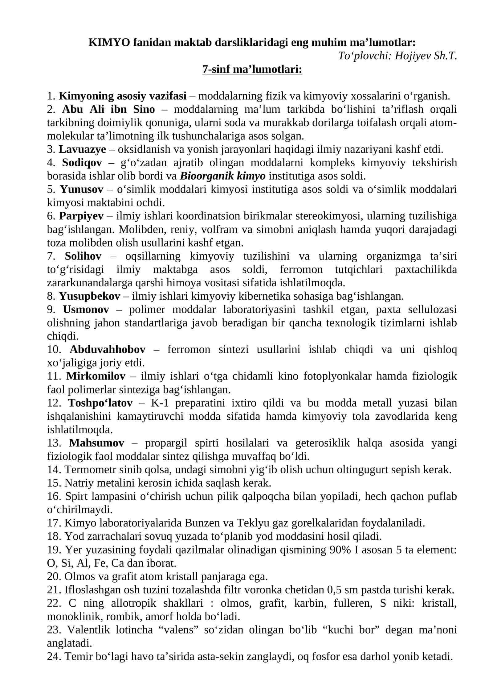 Kimyo fanidan 7-, 8- va 9-sinf darslikdagi asosiy maʼlumotlar 1