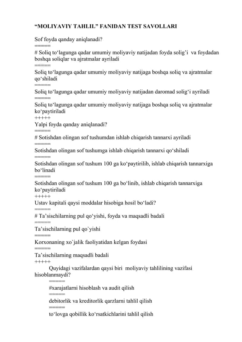 Moliyaviy tahlil test savollari 1
