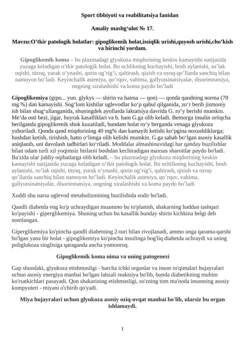 O’tkir patologik holatlar: gipoglikemik holat,issiqlik urishi,quyosh urishi,cho’kish va birinchi yordam 1