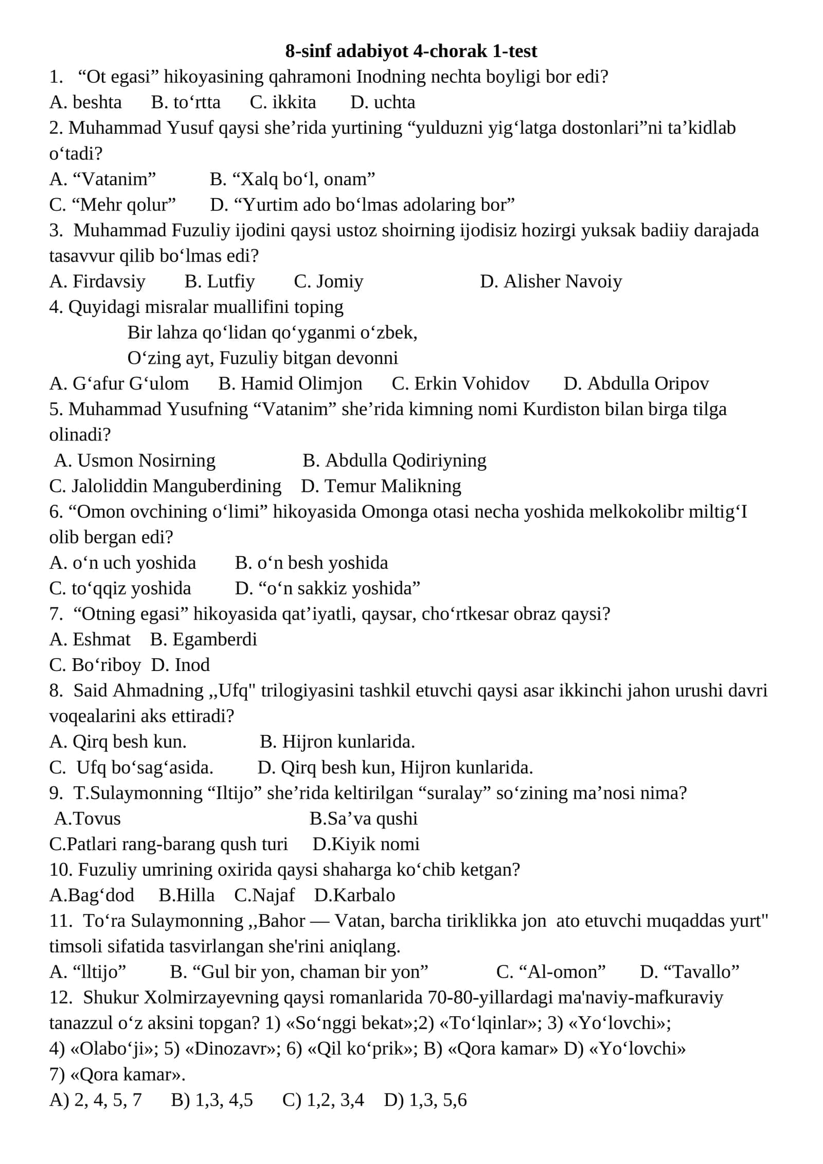 4 chorak 8 sinf adabiyot fani bo'yicha 1