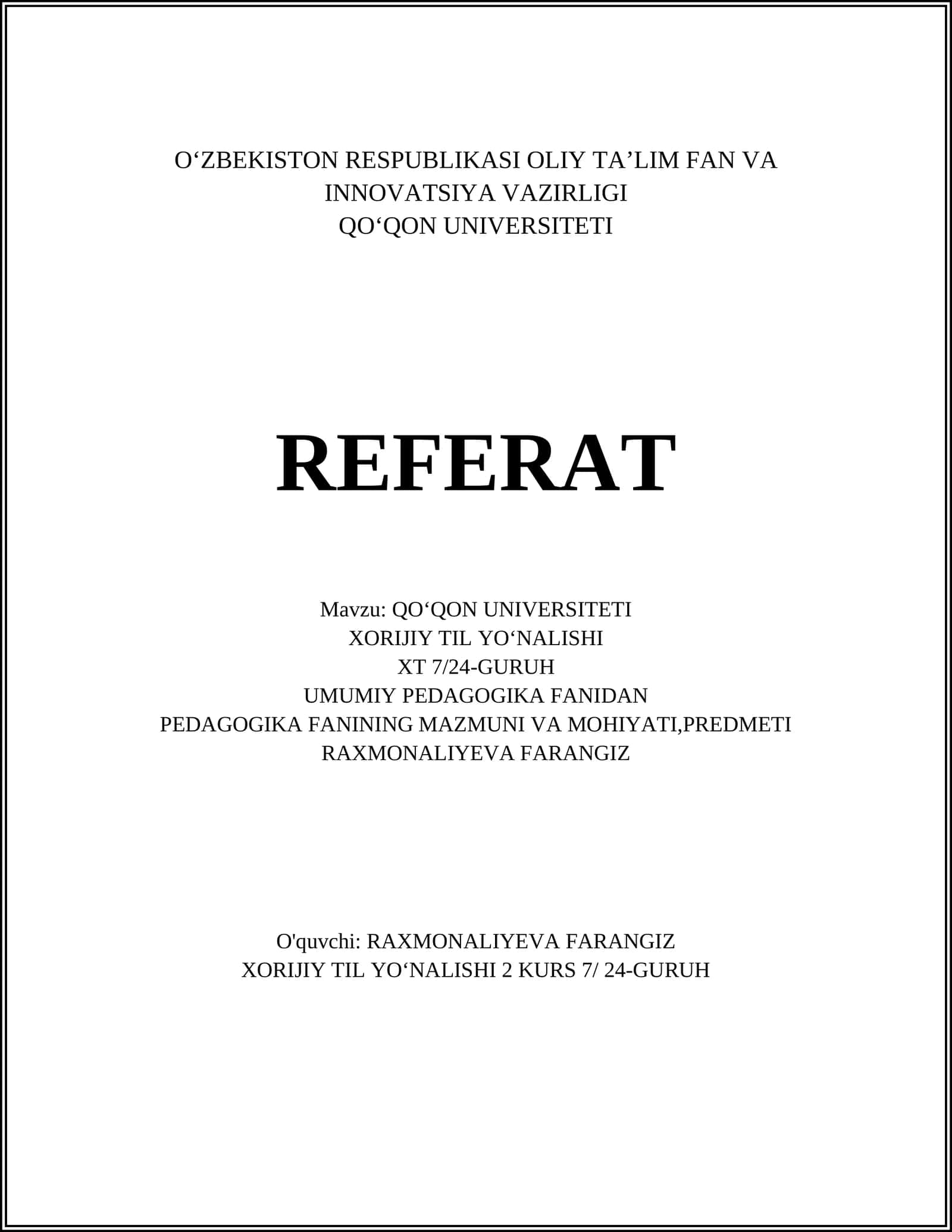 PEDAGOGIKA FANINING MAZMUNI VA MOHIYATI,PREDMETI 1