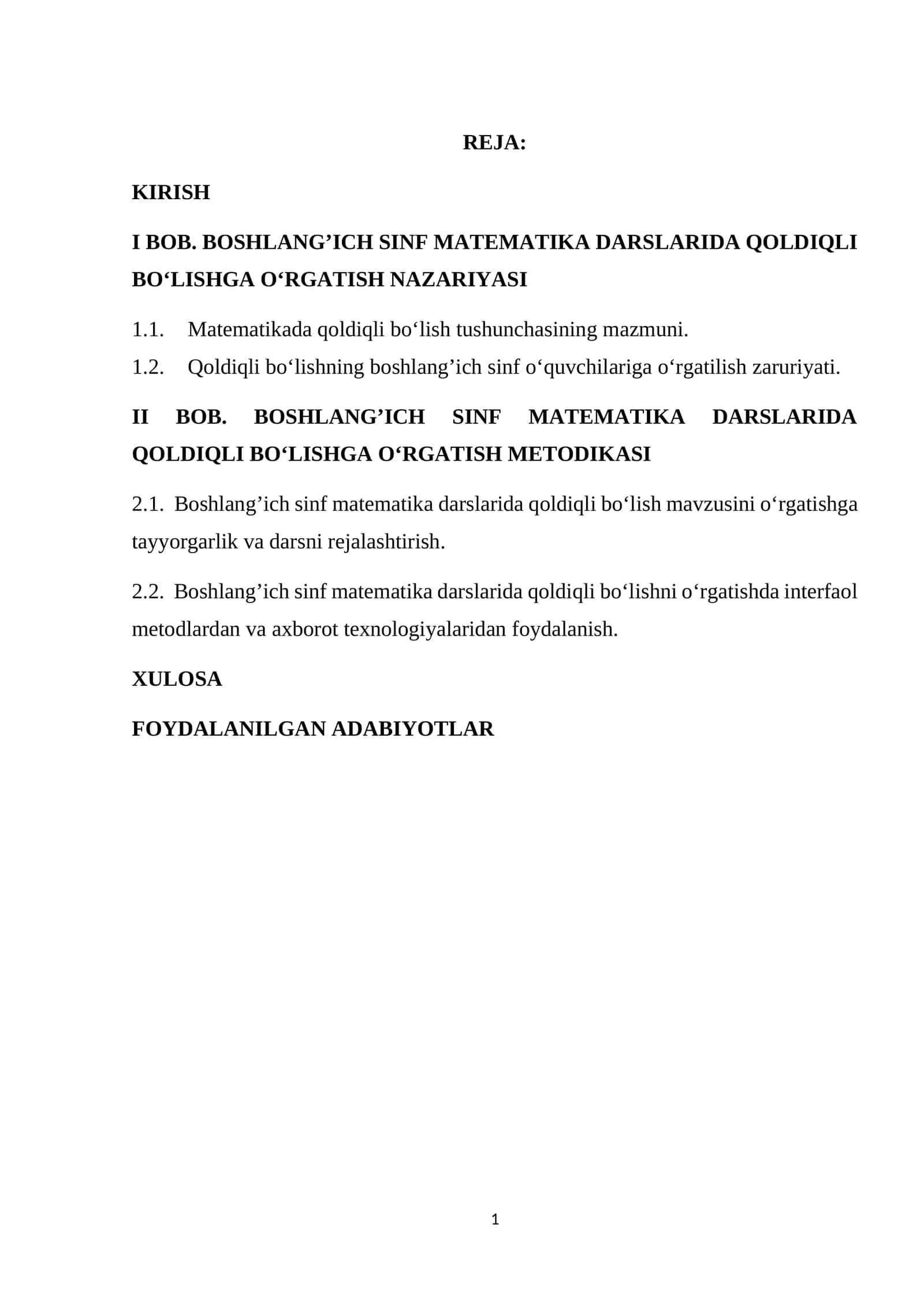 BOB. BOSHLANG’ICH SINF MATEMATIKA DARSLARIDA QOLDIQLI BO‘LISHGA O‘RGATISH METODIKASI 1