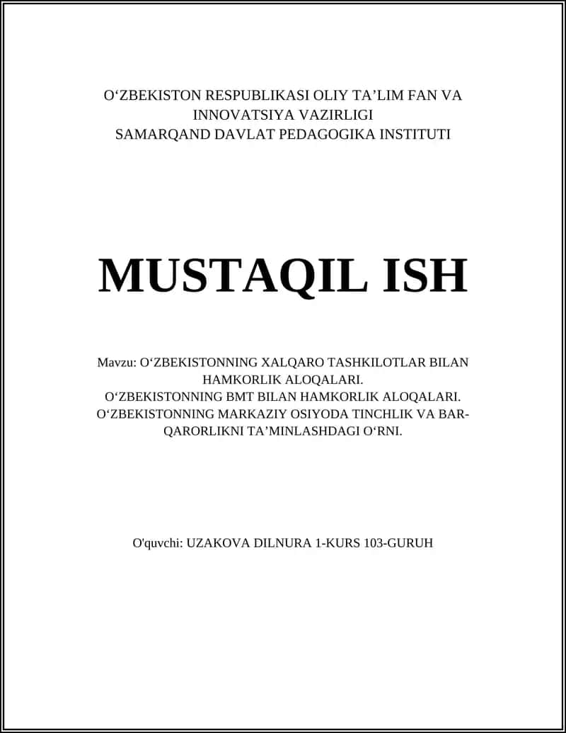 O‘ZBEKISTONNING XALQARO TASHKILOTLAR BILAN HAMKORLIK ALOQALARI 1