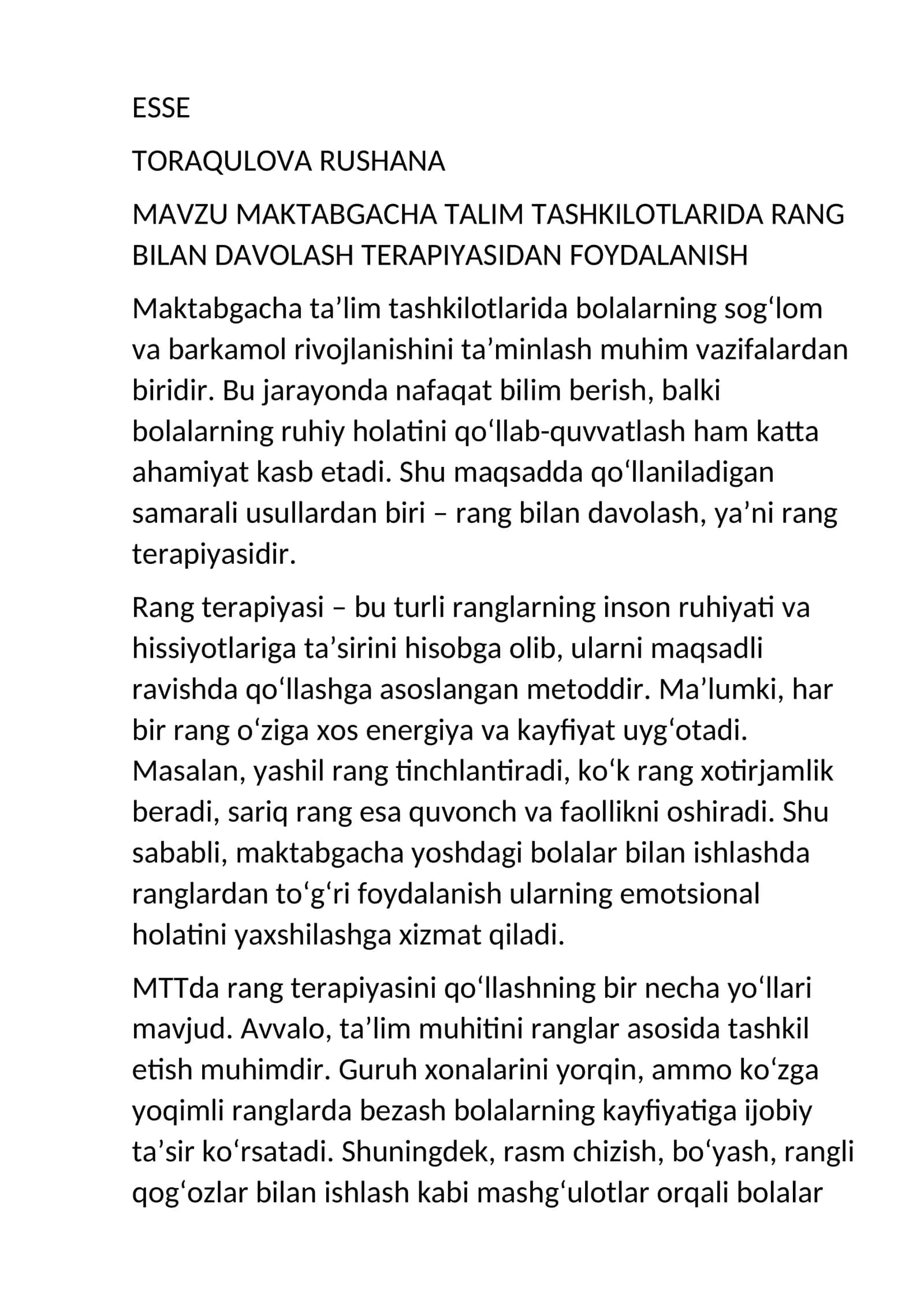 MAKTABGACHA TALIM TASHKILOTLARIDA RANG BILAN DAVOLASH TERAPIYASIDAN FOYDALANISH 1
