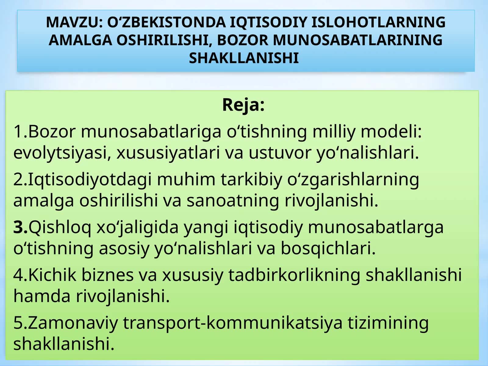 О‘ZBEKISTONDA IQTISODIY ISLOHOTLARNING AMALGA OSHIRILISHI, BOZOR MUNOSABATLARINING SHAKLLANISHI 1