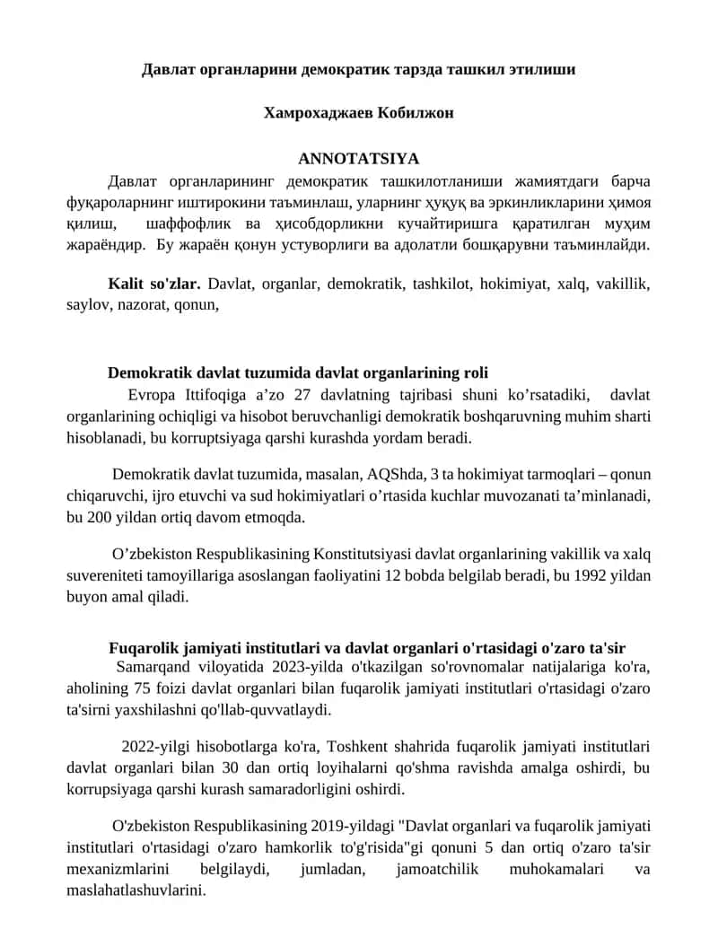 Davlat organlarini demokratik tarzda tashkil etilishi 1