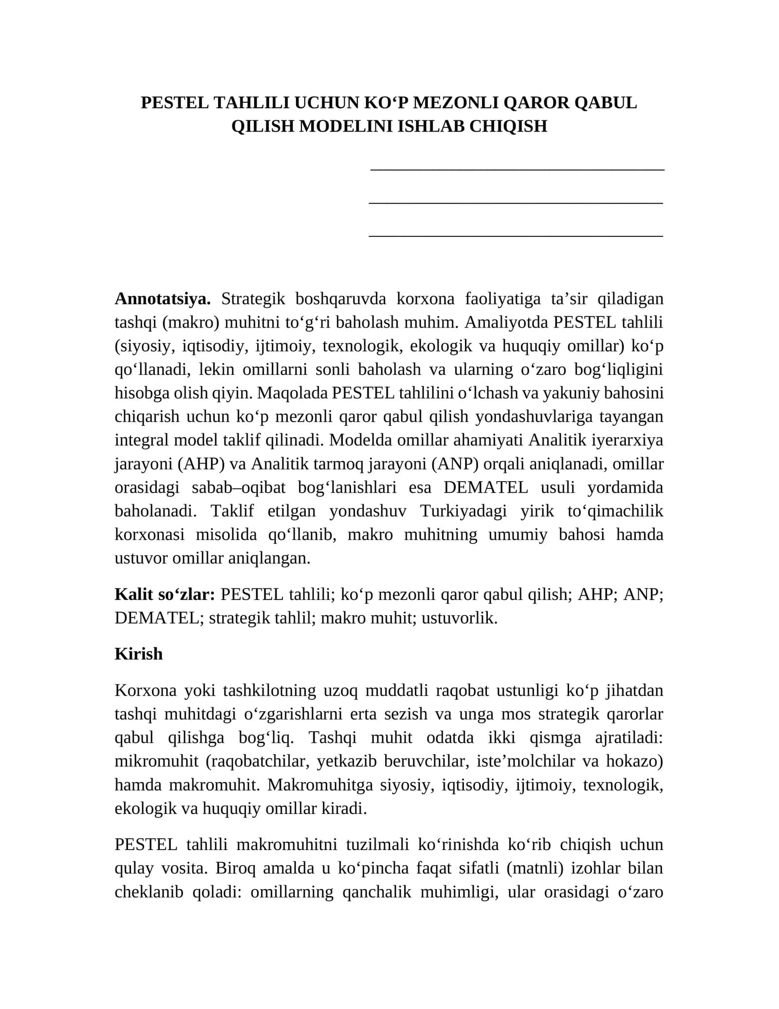 PESTEL TAHLILI UCHUN KO‘P MEZONLI QAROR QABUL QILISH MODELINI ISHLAB CHIQISH 1