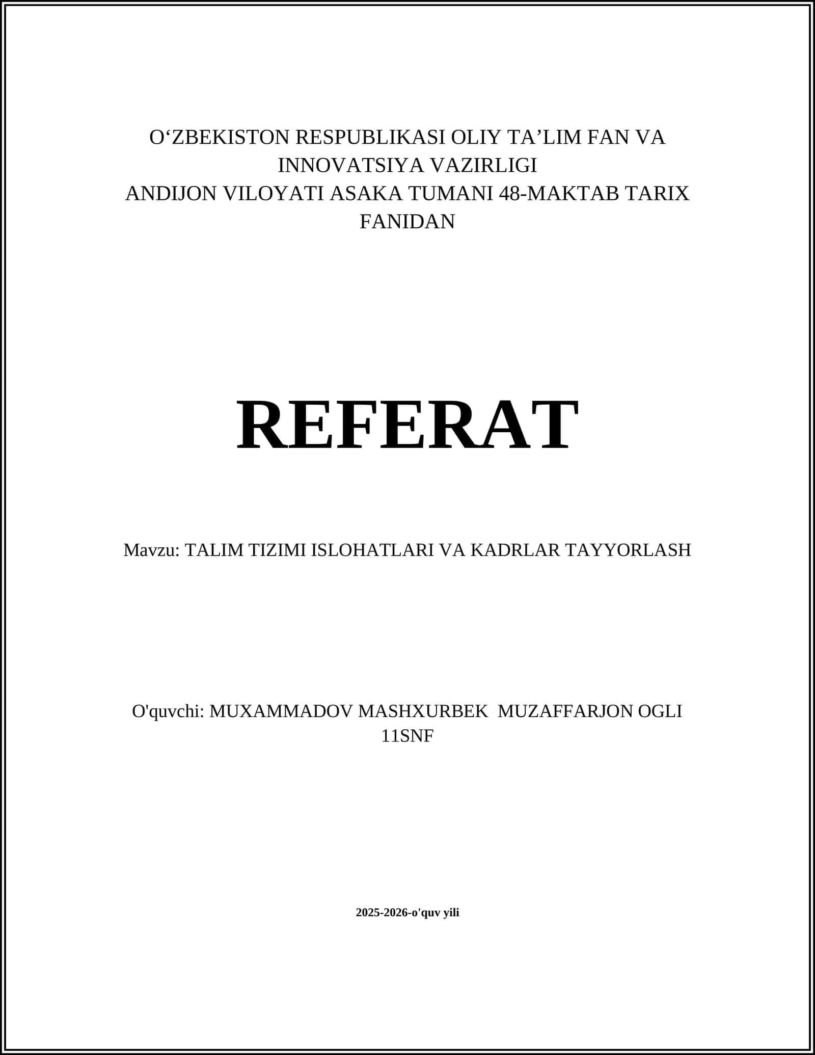 TALIM TIZIMI ISLOHATLARI VA KADRLAR TAYYORLASH 1