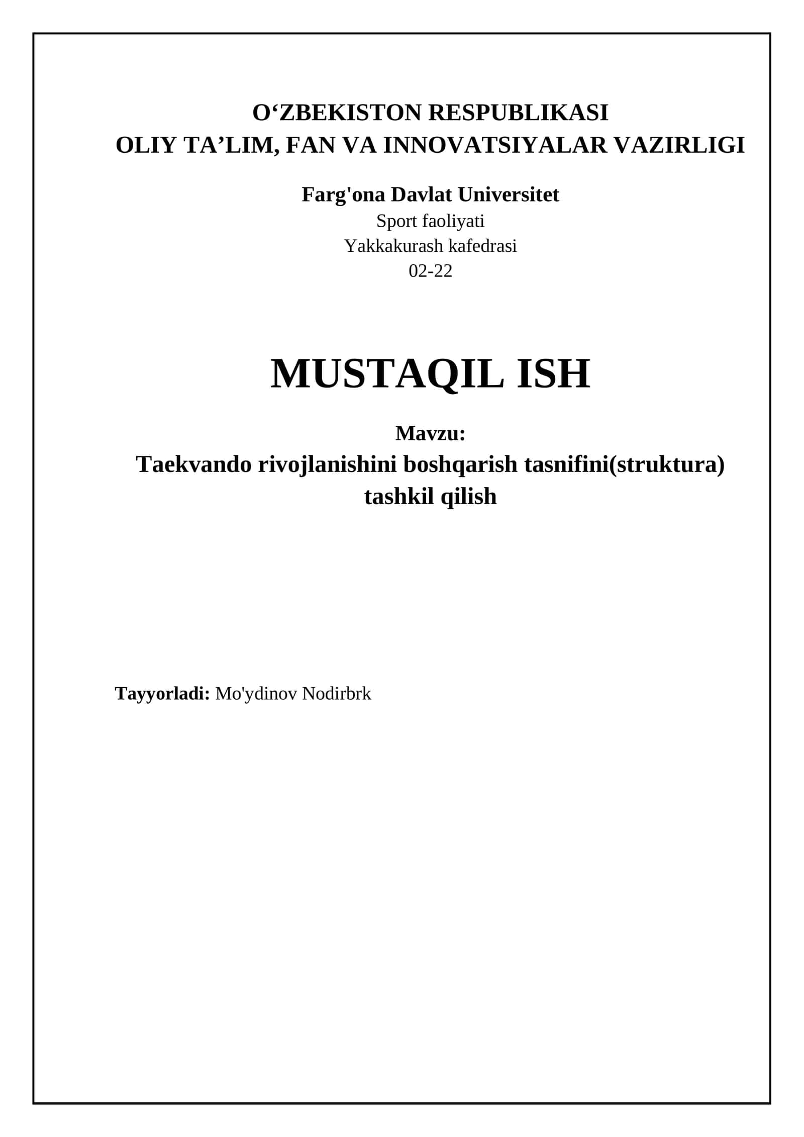 Taekvondo rivojlanishini boshqarish tasnifini(struktura) tashkil qilish 1