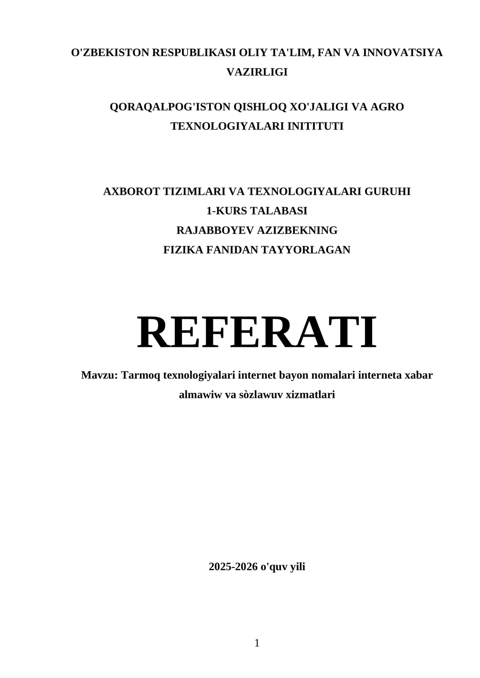 Tarmoq texnologiyalari internet bayon nomalari interneta xabar almawiw va sòzlawuv xizmatlari 1