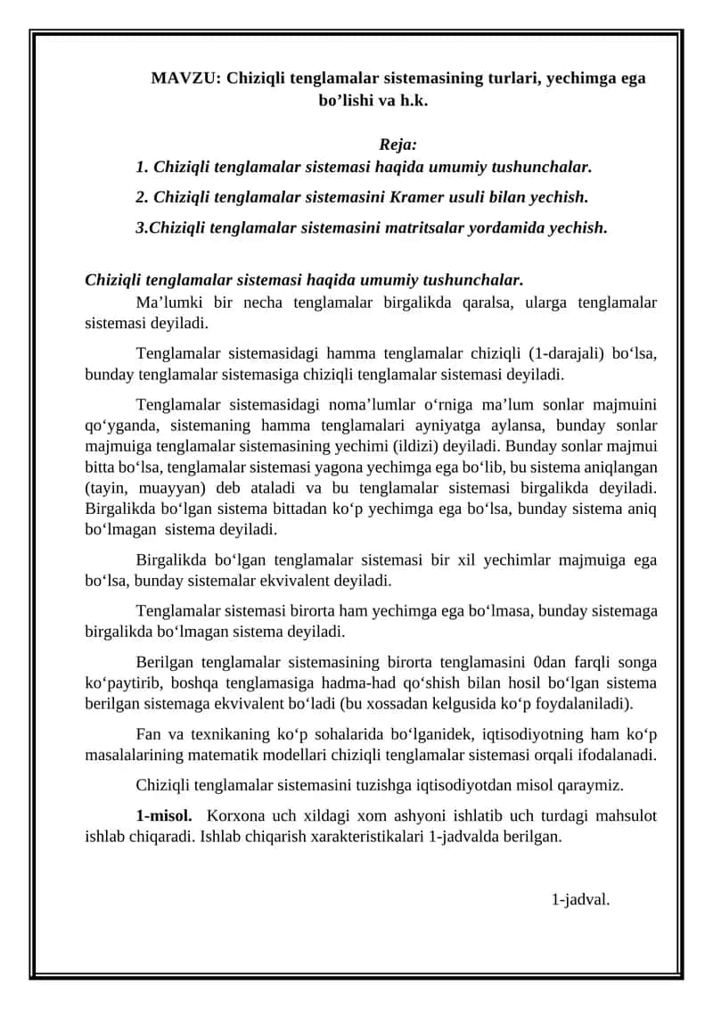 Chiziqli tenglamalar sistemasining turlari, yechimga ega bo’lishi va h.k. 1