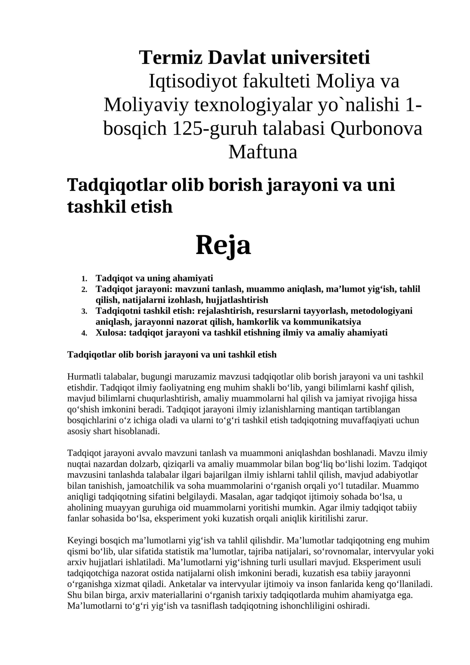 Tadqiqotlar olib borish jarayoni va uni tashkil etish 1