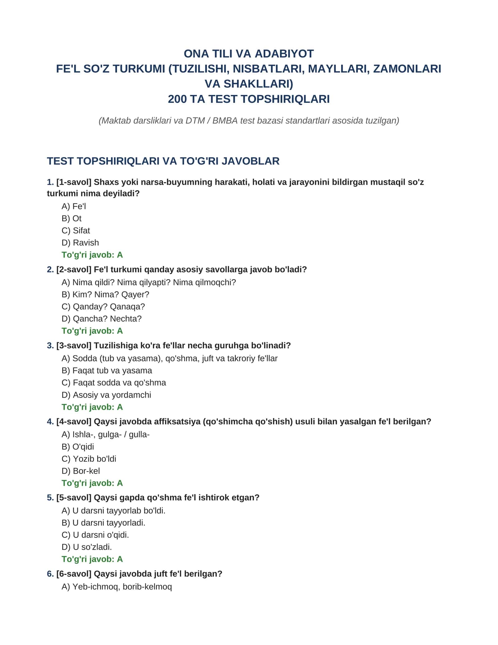 Fe'l so'z turkumi bo'yicha 200 talik test savollari va javoblari(maktab darsligi va dtm asosida) 1