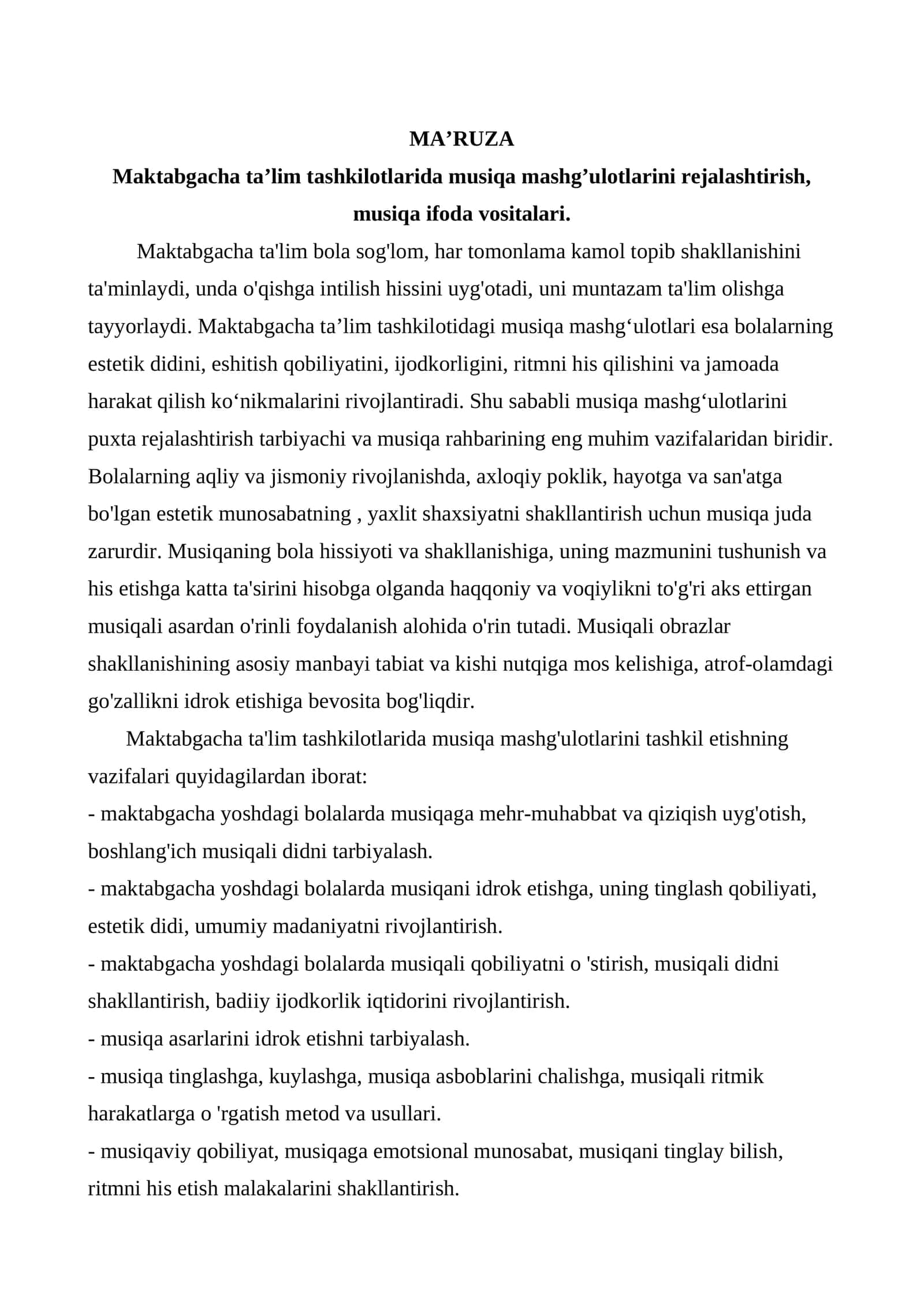 Maktabgacha ta’lim tashkilotlarida musiqa mashg’ulotlarini rejalashtirish, musiqa ifoda vositalari. 1