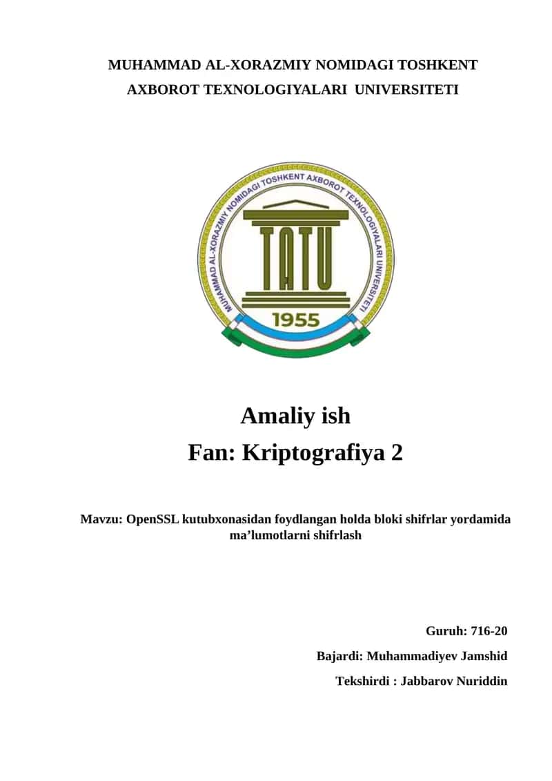 OpenSSL kutubxonasidan foydalanish holda bloki shifrlar yordamida ma'lumotlarni shifrlash 1