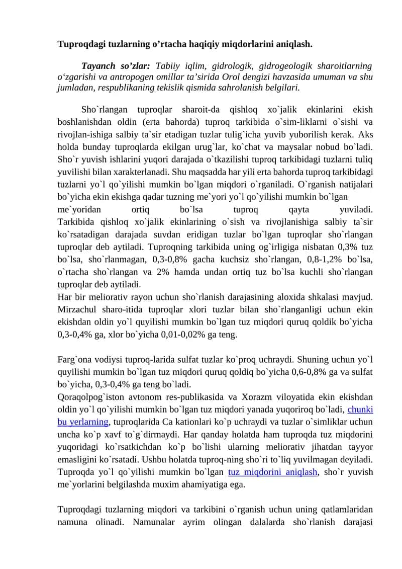 Tuproqdagi tuzlarning o’rtacha haqiqiy miqdorlarini aniqlash. 1