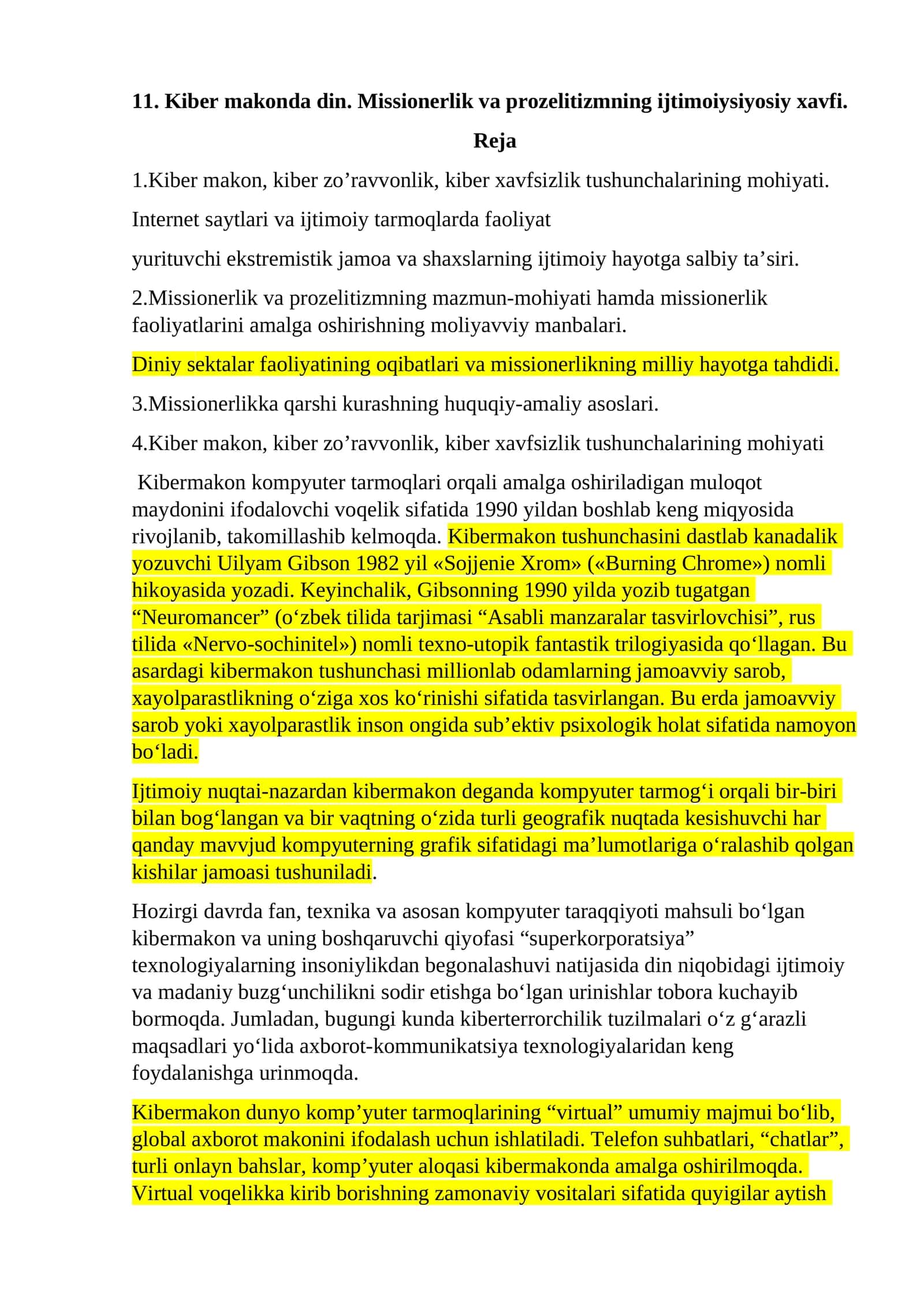 Kiber makonda din. Missionerlik va prozelitizmning ijtimoiysiyosiy xavfi 1