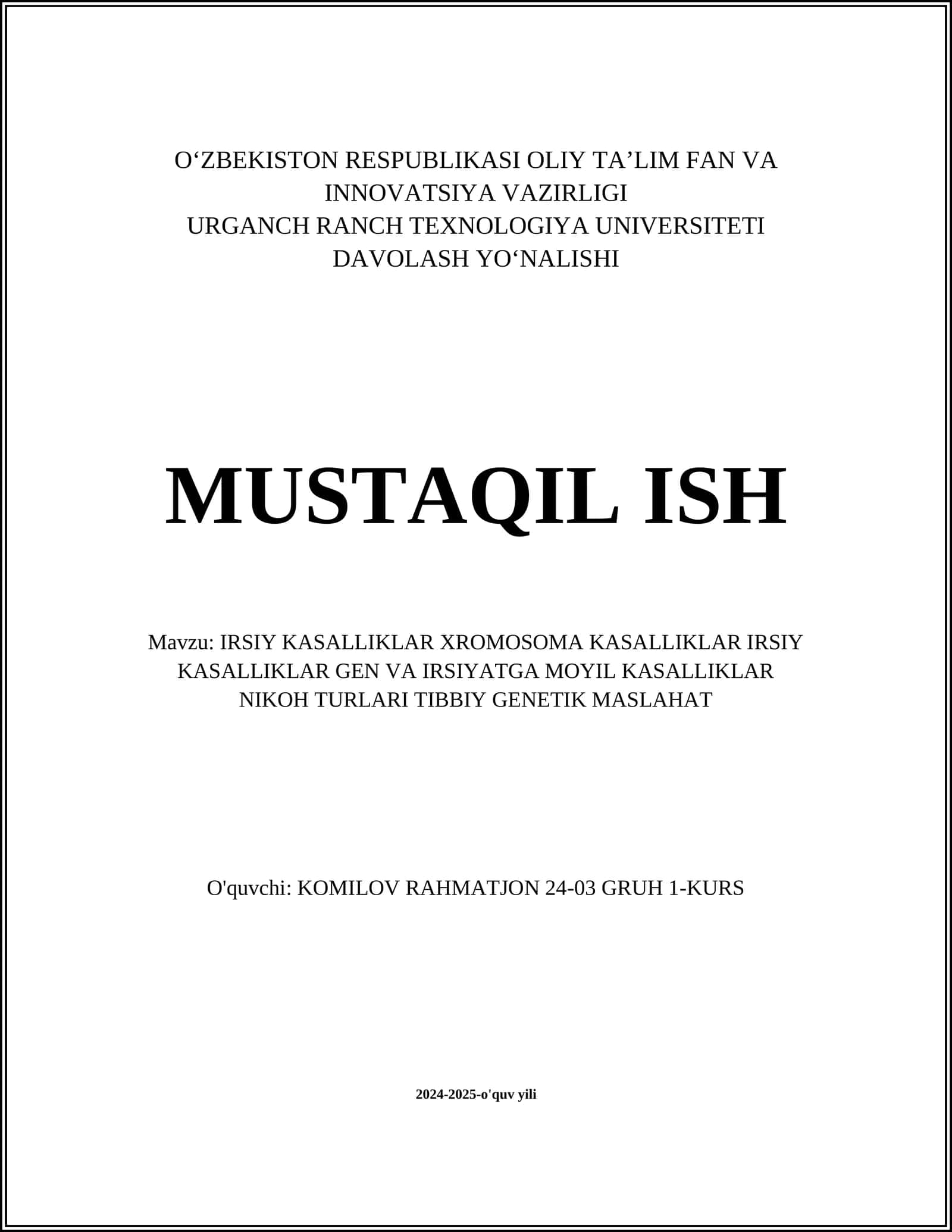 IRSIY KASALLIKLAR GEN VA IRSIYATGA MOYIL KASALLIKLAR NIKOH TURLARI 1