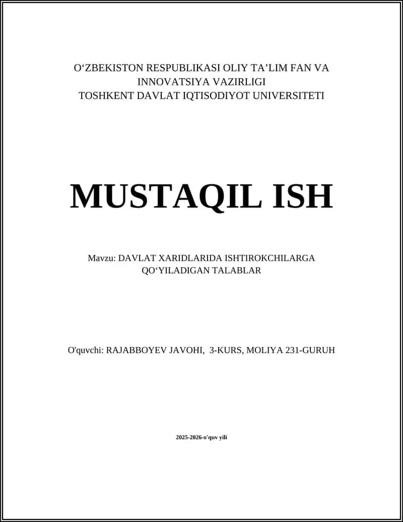 DAVLAT XARIDLARIDA ISHTIROKCHILARGA QOʻYILADIGAN TALABLAR 1