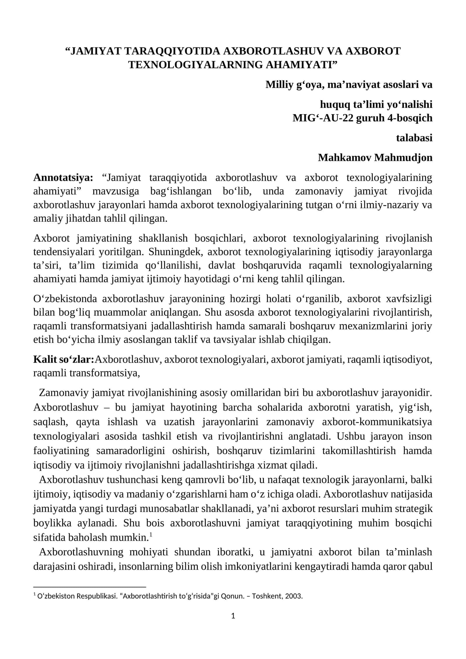 JAMIYAT TARAQQIYOTIDA AXBOROTLASHUV VA AXBOROT TEXNOLOGIYALARNING AHAMIYATI 1