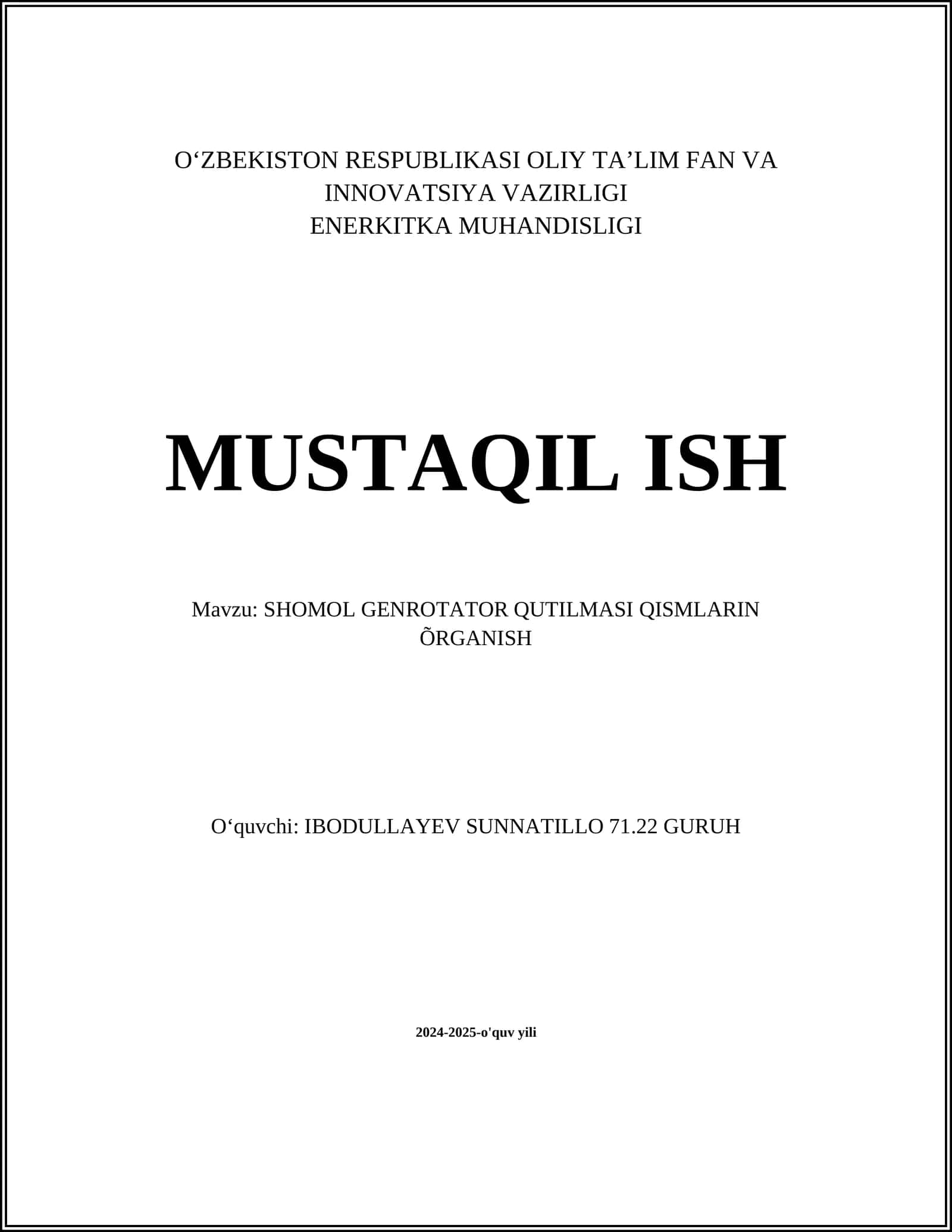 SHOMOL GENROTATOR QUTILMASI QISMLARIN ÕRGANISH 1