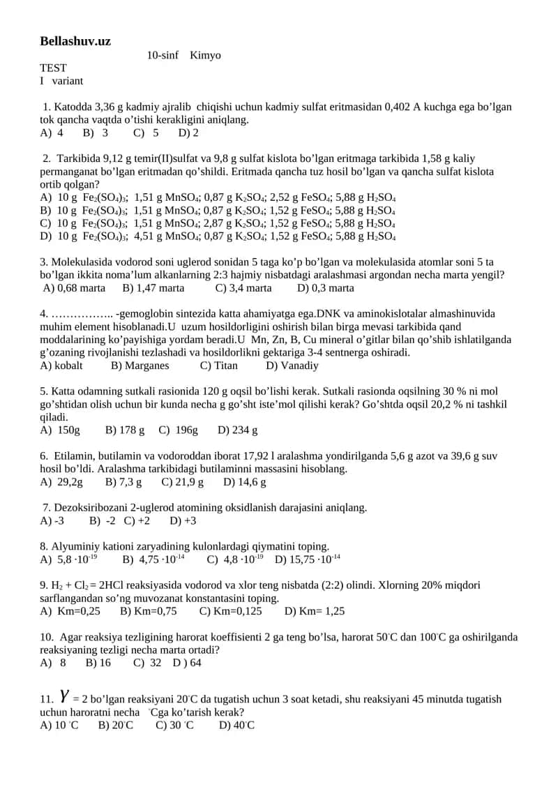 10-sinf Kimyo TEST 1
