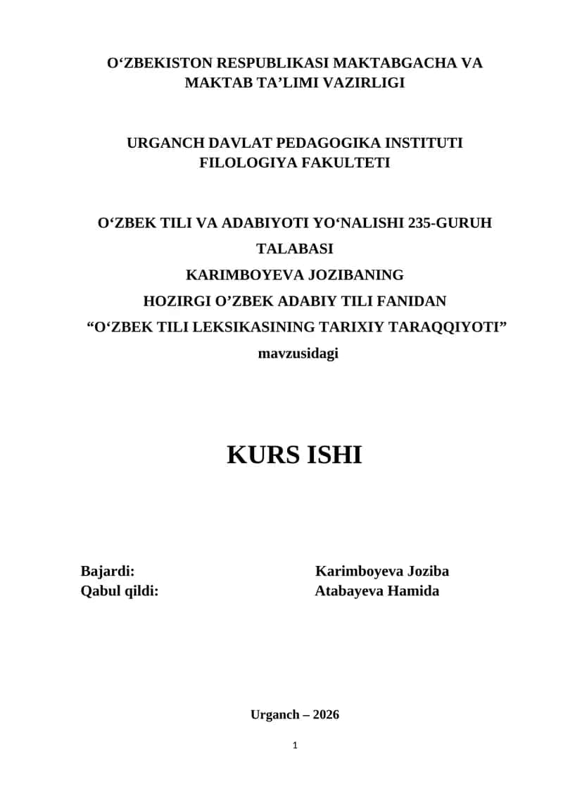 O`zbek tili leksikografiyasi. Lug`at turlari va tiplari kurs ishi. 1