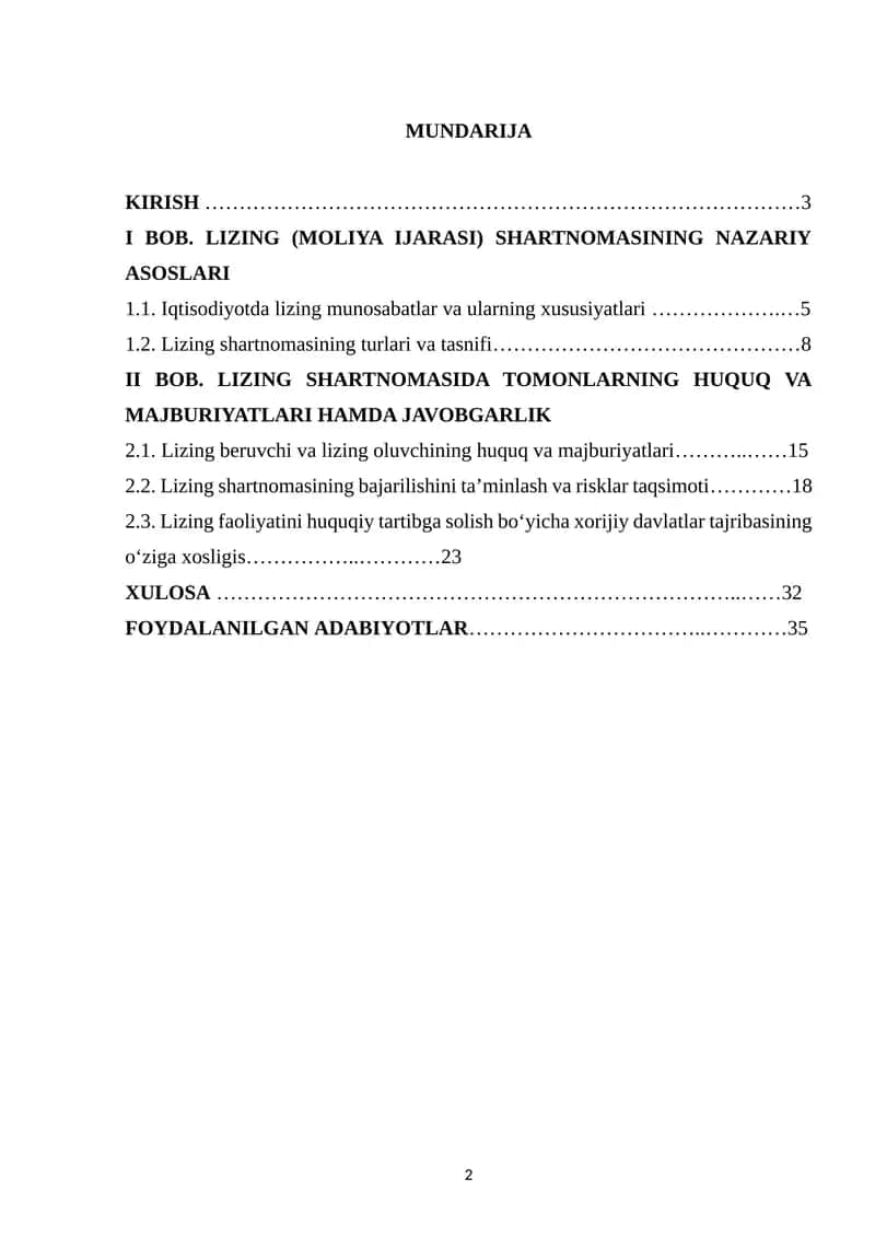 LIZING (MOLIYA IJARASI) SHARTNOMASINING FUQAROLIK HUQUQIY XUSUSIYATLARI 1