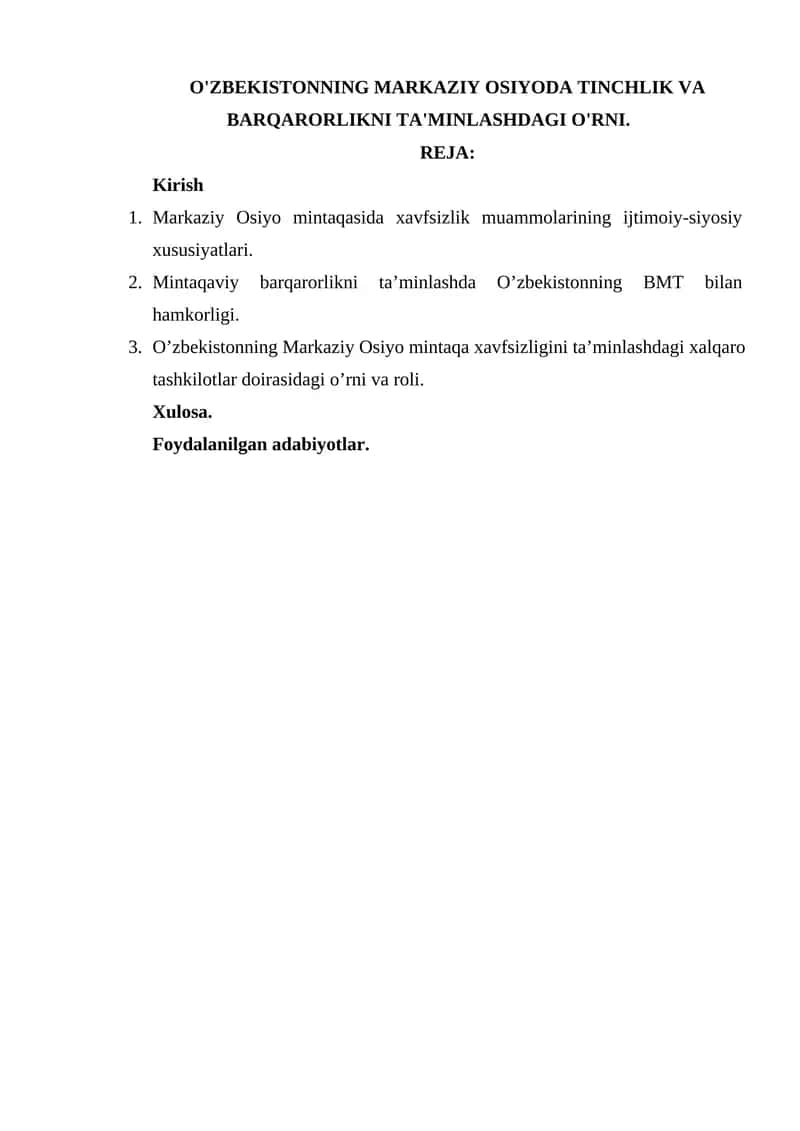 Tinchlik va barqarorlikni ta'minlashdagi O'zbekistonning Markaziy Osiyoda o'rni 1
