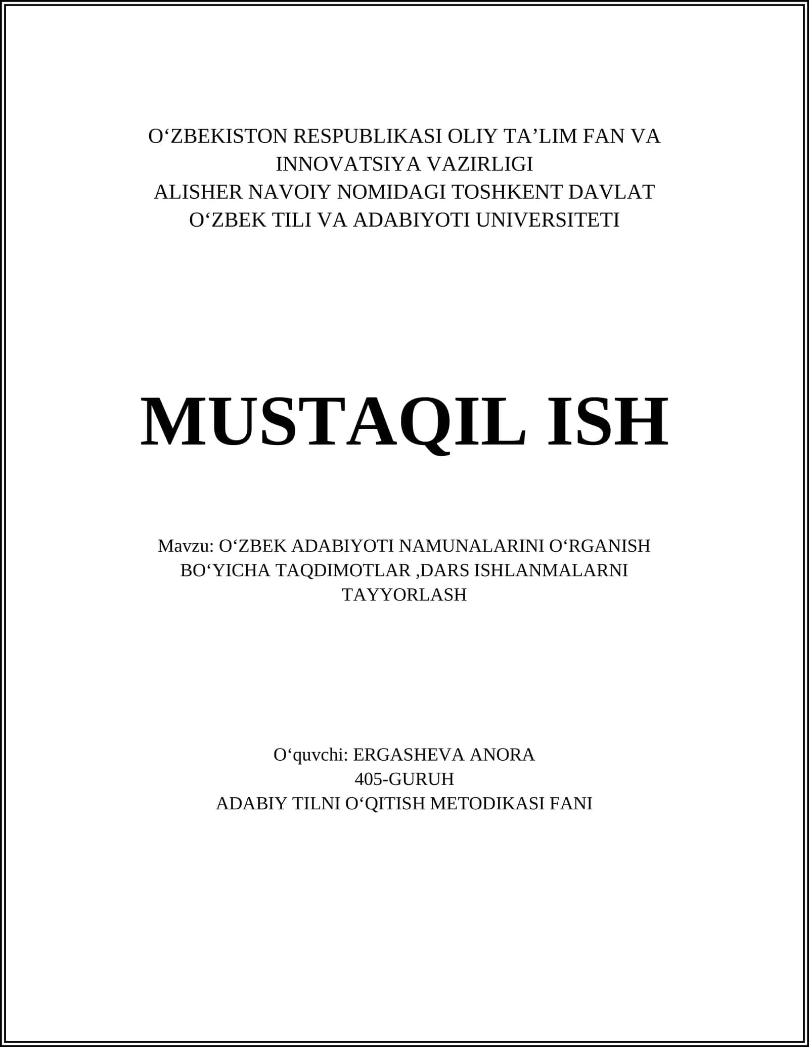 O'zbek adabiyoti namunalarini o'rganish bo'yicha taqdimotlar, dars ishlanmalarni tayyorlash 1