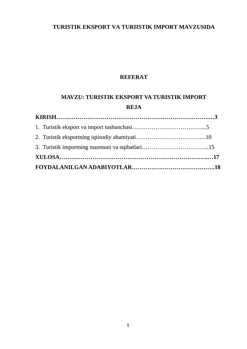 TURISTIK EKSPORT VA TURISTIK IMPORT MAVZUSIDA REFERAT 1