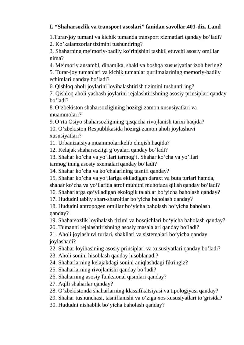 Shaharsozlik va transport asoslari fanidan savollar 1