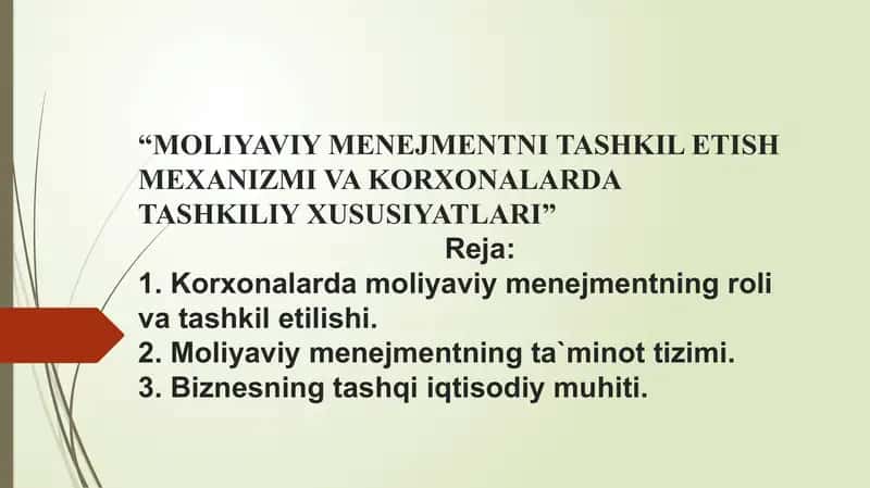 MOLIYAVIY MENEJMENTNI TASHKIL ETISH MEXANIZMI VA KORXONALARDA TASHKILIY XUSUSIYATLARI” 1