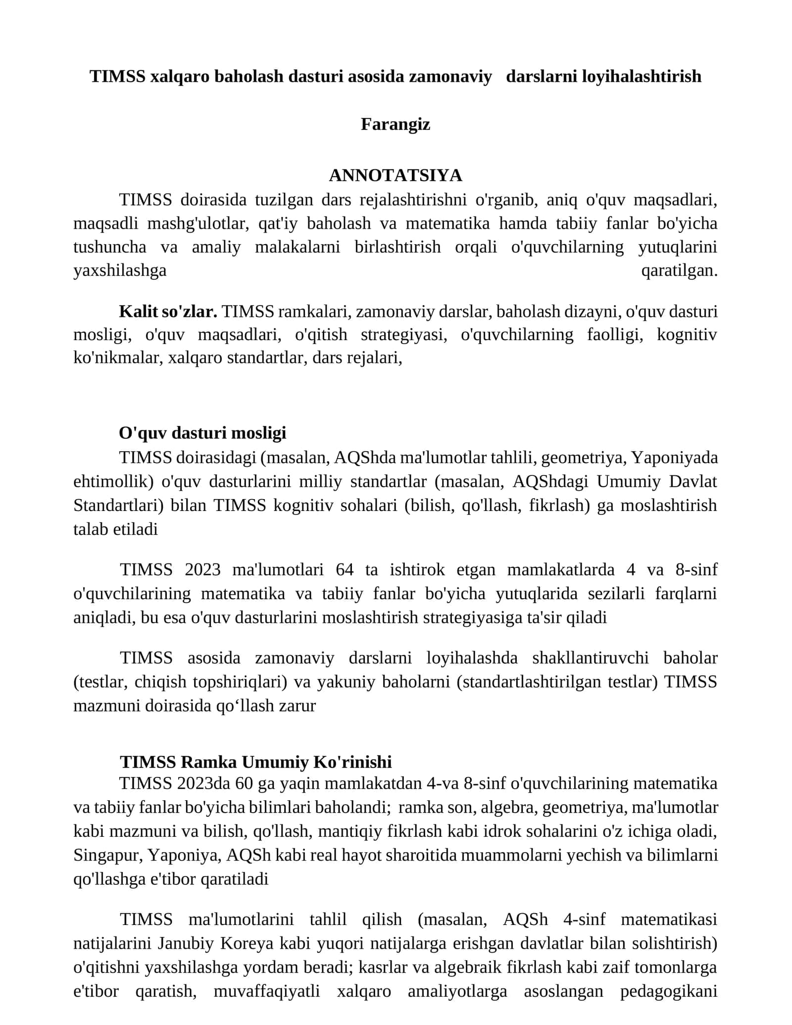 TIMSS xalqaro baholash dasturi asosida zamonaviy darslarni loyihalashtirish 1