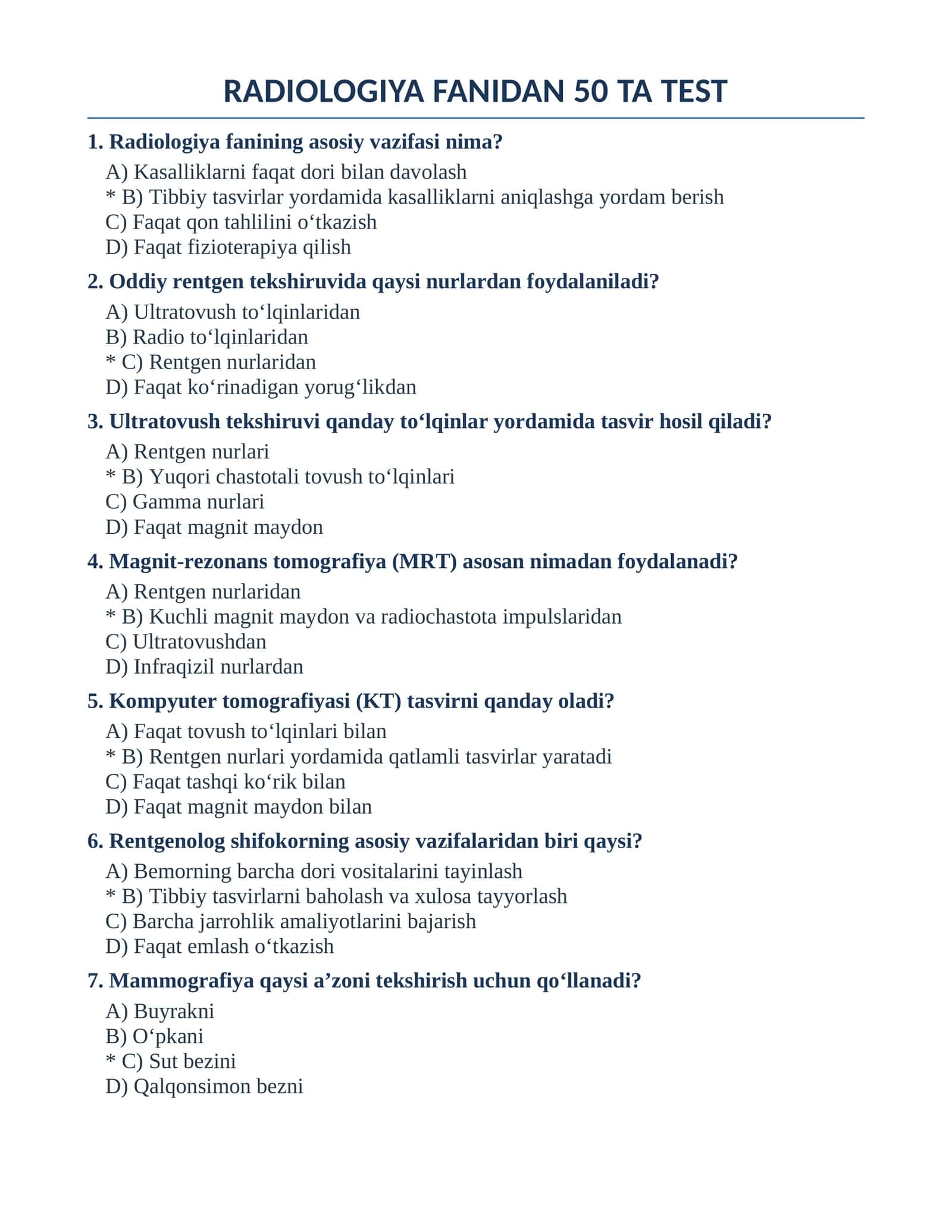 RADIOLOGIYA FANIDAN 50 TA TEST 1