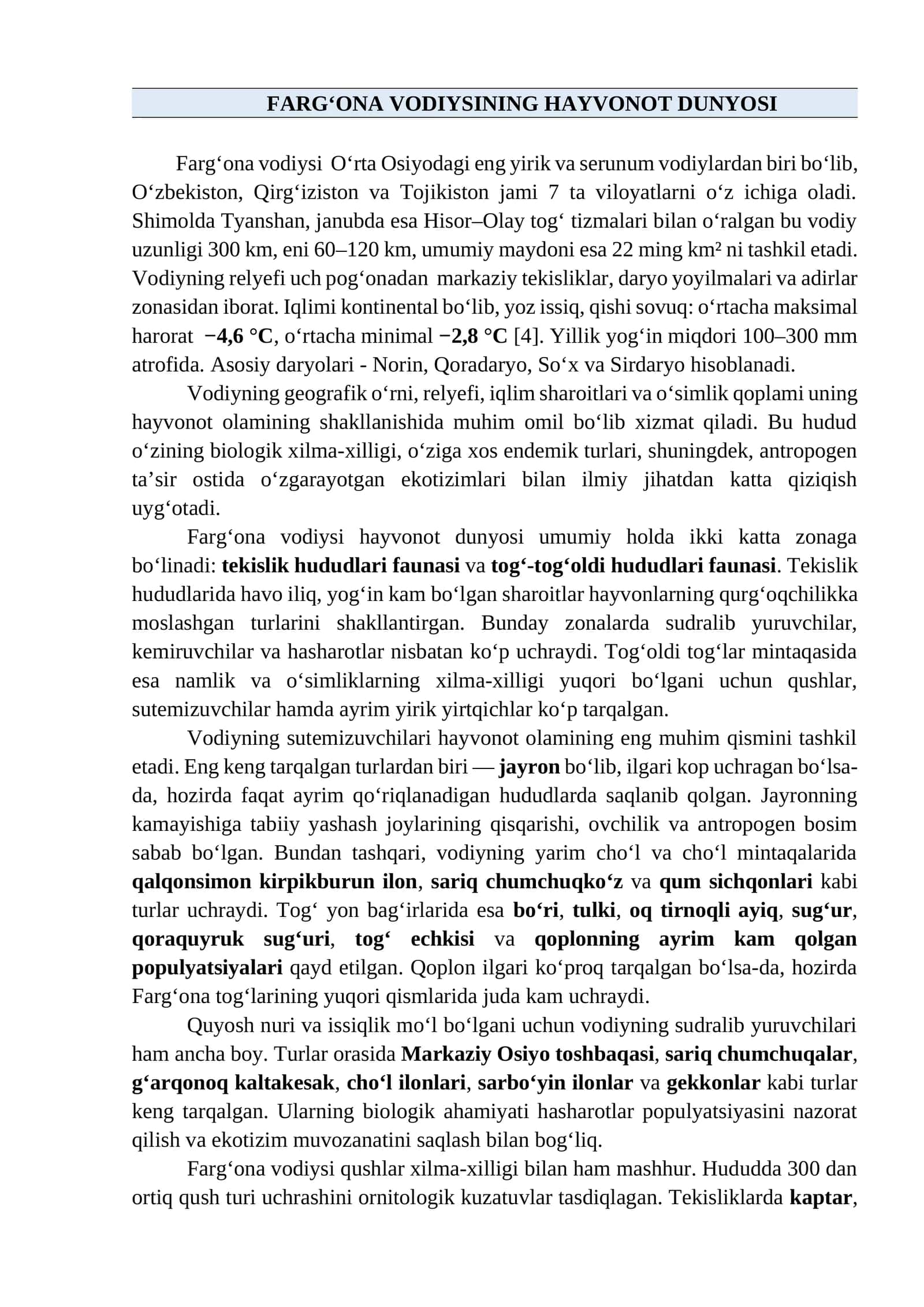 FARG'ONA VODIYSINING HAYVONOT DUNYOSI 1