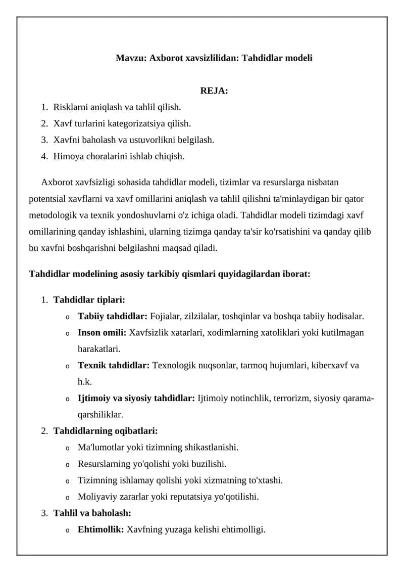 Axborot xavsizlilidan: Tahdidlar modeli 1